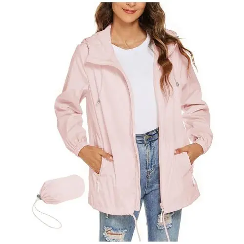 Produktbild: Generisch Damen Regenjacke mit Kapuze H-erbst Leichte Faltbare Outdoor Windjacke mit Reißverschluss und T-aschen Frauen Langarm wasserdichte Übergangsjacke in M-ehreren Farben (Pink, XL)