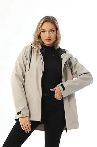 Produktbild: Generisch Damen Regenjacke, wasserabweisend, mit Kapuze und Reißverschluss (DE/NL/SE/PL, Alphanumerisch, M, XXL, Regular, Regular, Beige)