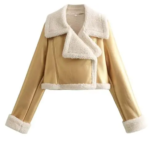 Produktbild: Generisch Damen Sale Lammfelljacke Winterjacke Damen Fashion Kunstlederjacke für Frauen Bikerjacke Kurze Wildlederjacke Revers Bomberjacke Prime Gold L