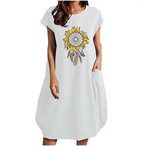 Produktbild: Generisch Damen Sommerkleid Leinenkleid Boho Kleid Blumenkleid Freizeitkleid mit Taschen Kurzarm Rundhalskleid Einfarbig Kleid Lässig Kleid Leicht und Luftig Kleid Geschenke Weiß S