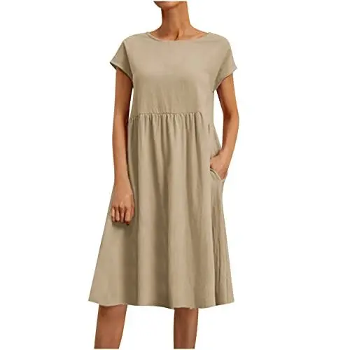 Produktbild: Generisch Damen Sommerkleid Leinenkleid Freizeitkleid mit Taschen Einfarbig Kurzarm Rundhalskleid Elegante Leinen Kleid Sommer Kleider Leicht Luftig Strandkleid Sommerkleider Sale Khaki S
