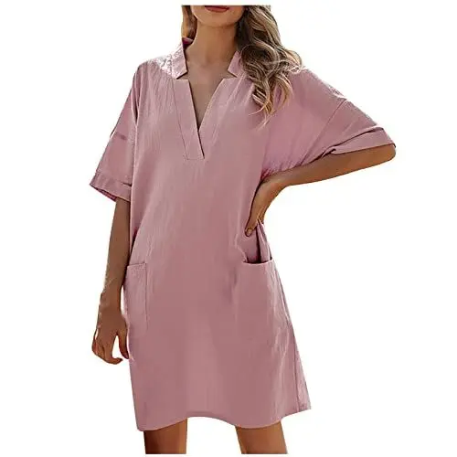 Produktbild: Generisch Damen Sommerkleid Leinenkleid Kurzarm V-Ausschnitt Kleid Freizeitkleid mit Taschen Elegante Leinen Kleid Sommer Kleid Leicht und Luftig Strandkleid Warehouse Deal Rosa S