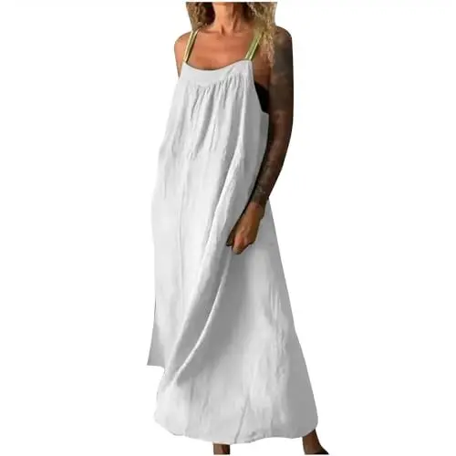 Produktbild: Generisch Damen Sommerkleider Leinenkleid Boho Elegante Kleid Maxikleid Trägerkleid Swing Kleid Einfarbig Freizeitkleid Sommerkleid Baumwolle Leinenkleider Weiß 3XL