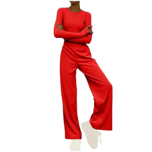 Produktbild: Generisch Damen Strickanzug Sportlich Jogginganzug Elegante Loungewear Rundhals Tops und Cargohose Elastische Taille Kleidung Homewear Strick Set Einfarbig Sportanzug 2 Stück Damen Mode Rot M