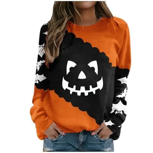 Produktbild: Generisch Damen Sweatshirt Oberteile Herbst Halloween Kostüm Pullover Shirt Hoodie Sweatshirts Für Kostüme Decke Kostüm Costume Longsleeve Halloween-Kostüm Kapuzenpullover Oversize Horror Kürbis,S