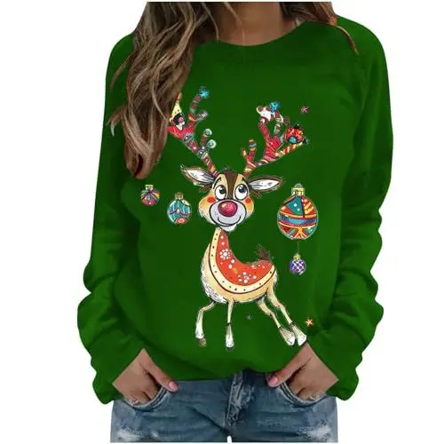 Produktbild: Generisch Damen Sweatshirt Weihnachtspullover Weihnachtspulli Weihnachtsdrucke Pullover Ugly Merry Christmas Pulli Rundhal Longsleeve Lose Langarmshirt Angebote 17 Grün XL