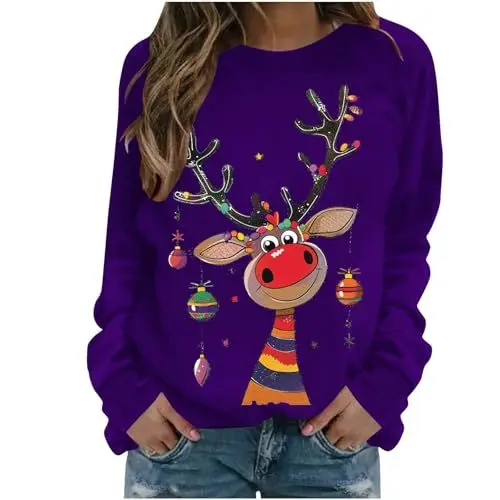 Produktbild: Generisch Damen Sweatshirt Weihnachtspullover Weihnachtspulli Weihnachtsdrucke Pullover Ugly Merry Christmas Pulli Rundhal Longsleeve Lose Langarmshirt Blitzangebote 13 Lila XL
