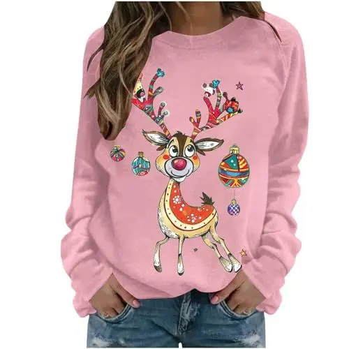 Produktbild: Generisch Damen Sweatshirt Weihnachtspullover Weihnachtspulli Weihnachtsdrucke Pullover Ugly Merry Christmas Pulli Rundhal Longsleeve Lose Langarmshirt Sale Angebote 19 Rosa M
