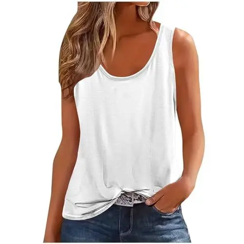Produktbild: Generisch Damen Tank Top Sommer Ärmellos Oberteile Sommermode Rundhals Cami Tanktops Läsiges Lockere T Shirt Basic Tops Baumwolle Tunika Shirt Blusen Outlet Angebote Weiß XL