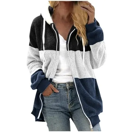 Produktbild: Generisch Damen Teddy Fleecejacke mit Kapuze Reißverschluss Plüschjacke Oberteile Farbblock Hooded Jacket Lange Cardigan Weich und bequem Flanell Pullover Lässiger Kapuze übergangsjacke (Navy, XXXXL)