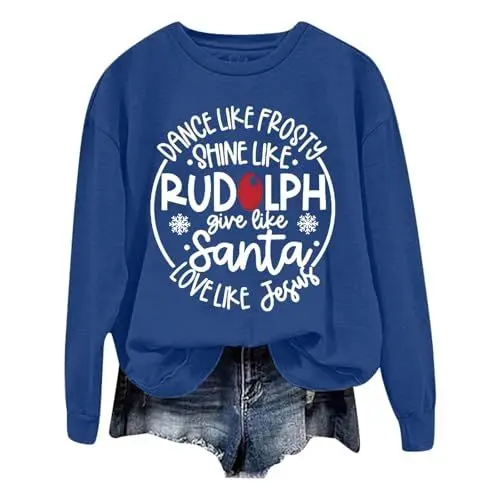Produktbild: Generisch Damen Weihnachtsmode Casual Langarm Sweatshirt ohne Loose Fit Rundhalsausschnitt mit Buchstaben Druck (Blue, M)
