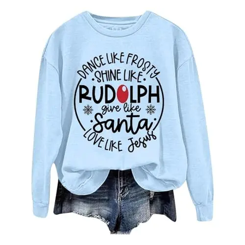 Produktbild: Generisch Damen Weihnachtsmode Casual Langarm Sweatshirt ohne Loose Fit Rundhalsausschnitt mit Buchstaben Druck (Light Blue, XL)