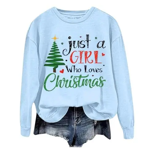 Produktbild: Generisch Damen Weihnachtsmode Langarm Sweatshirt mit Weihnachtsbaum Druck Rundhals Pullover ohne Festliche Winterbekleidung (Light Blue, L)