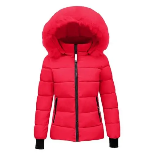 Produktbild: Sale Damen Bekleidung, Puffer Jacke Damen Winter Leichte Steppjacke Winterjacke Mit Fellkapuze Kurz Pufferjacke Gesteppter Dicke Warme Daunenjacke