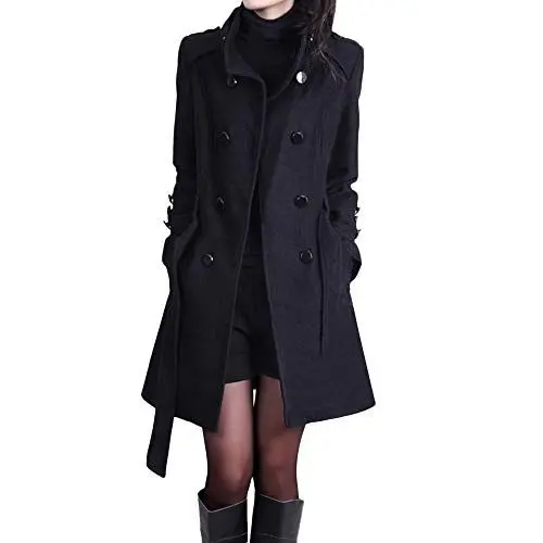 Produktbild: Generisch Damen Wolljacke Trenchcoat Elegant Mantel Mode Lange Windjacke Zweireihiger Gürtel Slim Fit Mit Taschen Mit KnöPfen Winddichter Jacke Einfarbig Wintermantel ÜBergangsmantel Parka Schwarz M