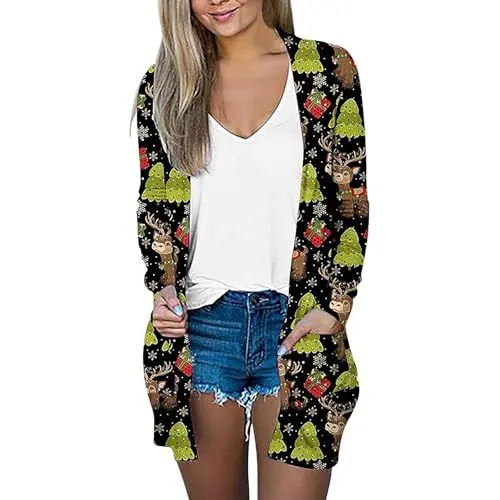 Produktbild: Generisch Damenmode Sale, Damenjacken Sale Winter, Wintermantel Damen Warm Jacke Weihnachtsdruck 2025, Offene Vorderseite, Mittellanger Mantel Pullover Strick, Winterjacke Damen Sale