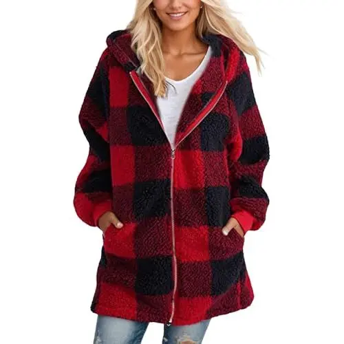 Produktbild: Generisch Dicke Fleecejacke Damen,Damen Flanell Karierte Jacke Oversize Langarm Revers Button Down Karohemd Baumwolle Lang Hemdjacke Mantel