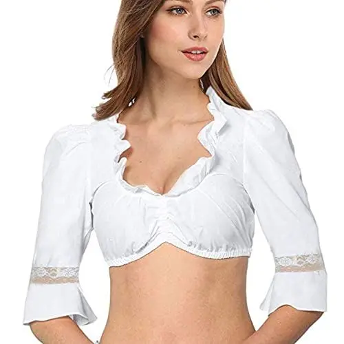 Produktbild: blusenshirt Damen Kurzarm blau weiß Dirndlbluse hochgeschlossen Spitze Kurzarm Dirndlbluse Spitze hochgeschlossen krüger Dirndlbluse mit flügelärmel blusenshirt Damen Kurzarm blau