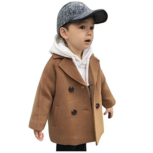 Produktbild: Generisch Eleganter Jungen-Trenchcoat Wolle mit Doppelreihe kariertem Muster für Kleinkinder Babys als stylischer Mantel mit Kragen (Khaki, 4-5 Years)