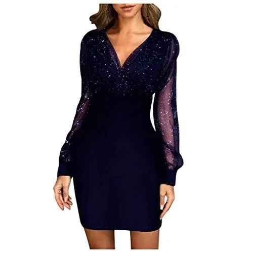 Produktbild: Generisch Elegantes Retro Frauenkleid mit Pailletten für besondere Anlässe 2019 Wonen schwarzes Design (Blue, M)