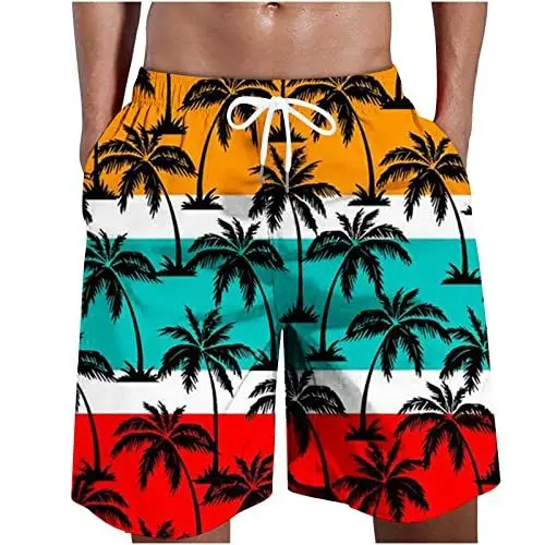 Produktbild: Generisch Farbblock Strandshorts für Herren hawaiianische 3D Bedruckte Shorts Sommer Boardshorts Palmengrafik lässige Urlaubs Halbhose Baggy Stretch Bademode mit Kordelzug Größe S 6XL