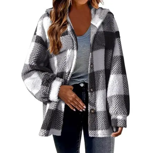 Produktbild: Generisch Fleecejacke Damen Winter Sweatjacke ohne Kapuze Strickjacke Bedrucken Winterjacke Baumwolle Mantel Fleecejacken Revers Kariert Jacke Frauen Oberteile Flanellhemd Damen Sale Grau 3XL