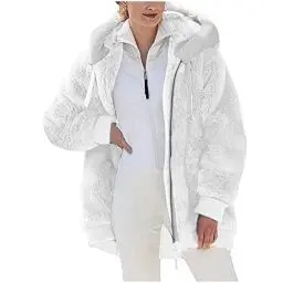 Produktbild: KOG Fleecejacke Damen Herbstjacke Warm Vliesjacke Fleecemantel Einfarbig Oberteile Frauen Kapuzenjacke Zipper Jacke übergangsjacke Angebote Frau Puffer Jacke Baumwolle Angebote Weiß M