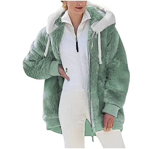 Produktbild: KOG Fleecejacke Damen Zipper Jacke Winter Cordjacke Wollmantel Einfarbig Bekleidung Frau Jacken Gutscheine Teddy Jacken Teenager Mädchen Wollmantel Baumwolle Angebote Grün 4XL