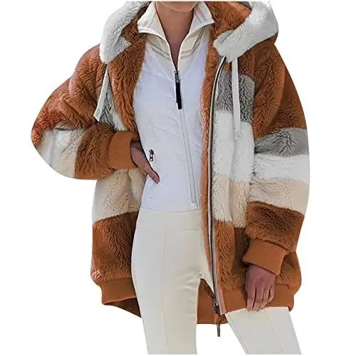 Produktbild: Generisch Fleecejacke Damen Winterjacke mit Taschen Hoodie Sweatjacke Strickjacke Kapuzenpullover Wintermantel Warm Teddy Fleece Jacke Oberteile Baumwolle Mantel Gutscheine Kaffee 3XL