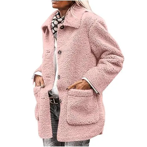 Produktbild: Generisch Fleecejacke Damen Winterjacke mit Taschen Strickjacke Winter Sweatjacke Einfarbig Flanellhemd Baumwolle Wintermantel Frauen Mantel Jacke Revers Oberteile Sale Angebote Rosa XXL
