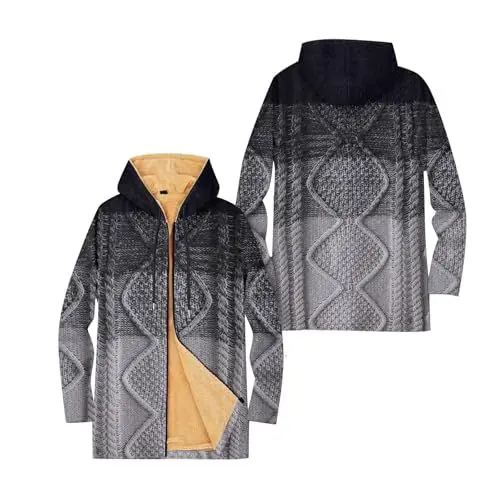 Produktbild: Generisch Fleecejacke Herren Warm Sherpa Lined Winterjacke Lange FleeceFutter Winter Thermojacke Farbverlauf Jacke mit Kapuze Stilvoll Coole Fleece Jackett Outdoor Innenfleece Winterparka Grau L