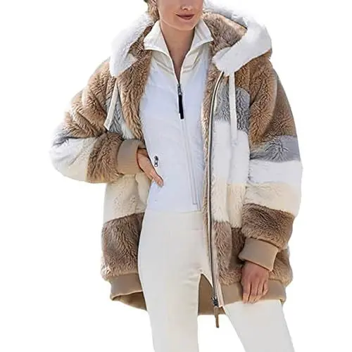 Produktbild: Generisch Fleecejacke Hoodie Damen Kapuzenpullover Flauschig Langarm Wintermantel Lässige Kapuzenpullover Mantel Weich und bequem Flanell Pullover Fleece Kapuzejacke Sweatshirt (Khaki, XXXXL)