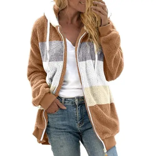 Produktbild: Generisch Fleecejacke Hoodie Damen Kapuzenpullover Winter Plüschjacke Langarm Wintermantel Stilvoller ReißVerschluss Fellmantel Thermo Fleece Fleecejacke Übergangs Outdoor Sweatshirt (Khaki, XXL)