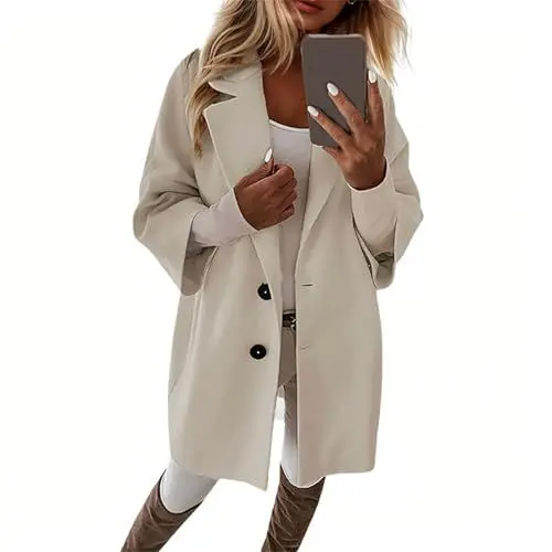 Produktbild: Generisch Fleecemantel Damen Lang Elegant Modische Fleecejacke Modern Business Jacke Übergang Lockere Trenchcoat Lässige Oversize Fleecemantel Weiche Outdoor Übergangsjacke elfenbein M