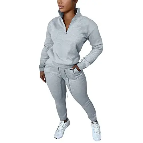 Produktbild: Generisch Frauen Casual Solide Langarm Reißverschlüsse Sweatshirt Elastische Taille Hosenanzug Sportbekleidung Zweiteilige Sets Homewear Damen Set Elegant (Grey, S)