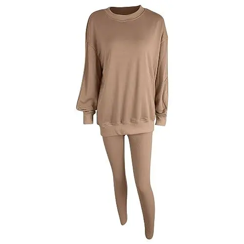 Produktbild: Generisch Frauen Solide Lose Rundhals Hohe Taille Sport Mode Langarm Pullover Hosen Set Studio 54 Outfit Damen (Khaki, XXXL)