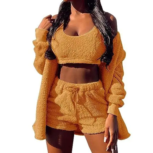 Produktbild: Generisch Frauen Winter Mode Warme DREI Stücke Anzug Weiche Warme Flanell Shorts Pyjamas Set Nette Bart Mit Kapuze Mantel Nachtwäsche Anzug Damen Hausanzug (Orange, S)