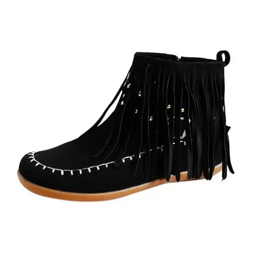 Produktbild: Generisch Gummistiefel Kinder MäDchen Reitstiefel FüR Damen Damen Frühling Winter Flache Mode Quaste Kurzes Fass Runde Zehen Stiefeletten Schwarze Stiefeletten Damen Damenschuhe Elegant (Black, 42)