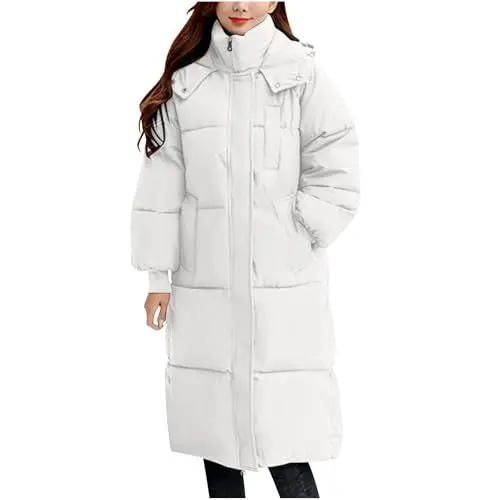 Produktbild: Generisch Gutscheine Damen Wintermantel Warmer Steppmantel lang Daunenmantel Winterjacke Damen Daunenjacke Puffer Jacke für Frauen Einfarbig Elegante Baumwolljacke Dicke Fliesjacke Quilted Coat Weiß M