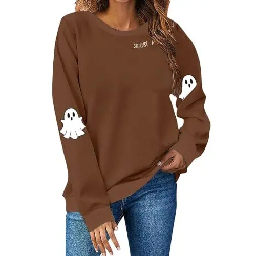 Produktbild: Generisch Halloween Damen Pullover Mode Halloween Lustige Skelett Drucken Langarm Rundhals Pulli Basic Sweatshirt Ohne Kapuze Pulli Oberteile Lässig Locker Sweatshirts für Festival (Coffee, XL)