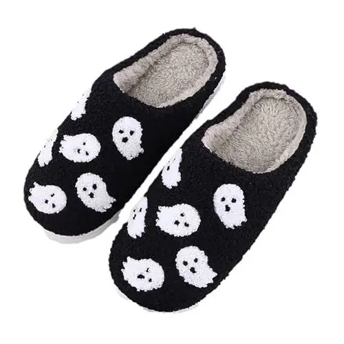 Produktbild: Paar Lässige Samt Hausschuhe für Herren mit Flacher Unterseite, Plüsch, modische Hausschuhe für Damen, warme Hausschuhe, Halloween-Hausschuhe Canvas Schuhe Damen (Black, 44)