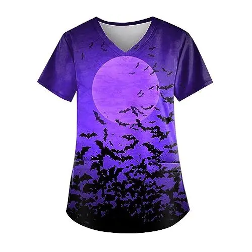 Produktbild: Generisch Halloween Kasack Damen Pflege Bunt Gedruckt Motiv Arbeitskleidung V-Ausschnitt Berufskleidung Falten Kurzarm Schlupfkasack Krankenpfleger Uniformen mit Taschen Lila 3XL