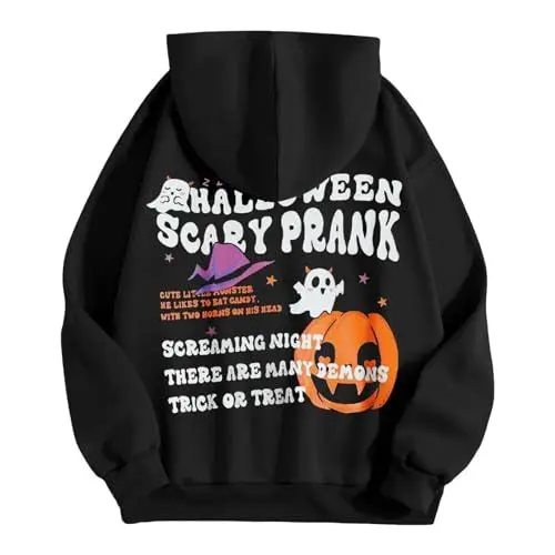 Produktbild: Generisch Halloween Kostüm Damen Lustige Pullover Kürbisse und Drucken Sweatshirt Langarm Hoodie Rundhals Pulli Halloween Druck Kapuzenpullover Locker Oberteil Longshirt (Black, XL)