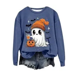 Produktbild: Generisch Halloween Pullover Damen Sweatershirt Langarm Rundhalsausschnitt Oversized Drucken Sportshirt Oberteil Ohne Kapuze Kostüm Karneval Halloween Party Langarmshirt Lustig Tops (Blue, XL)