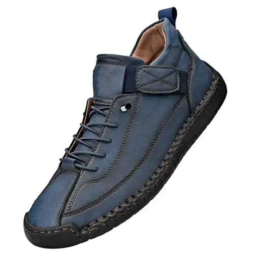 Produktbild: Generisch Handgenähte Chukka-Stiefeletten aus für Herren mit verstellbarem Gummiband, lässiger Slipper, rutschfeste Wander-Loafer, Retro-High-Top-Flachschuhe Hamburg Herren Schuhe (Blue, 48)