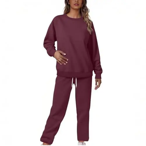 Produktbild: Generisch Hausanzug Damen Casual Zweiteiler Lounge Set Kuschelig Sweatshirt und Hose Kleidung Baumwolle Pyjama 2 Teiler Freizeitanzug Frauen 2025 Outfit Tracksuit Jogginganzug Loungewear Weinrot S
