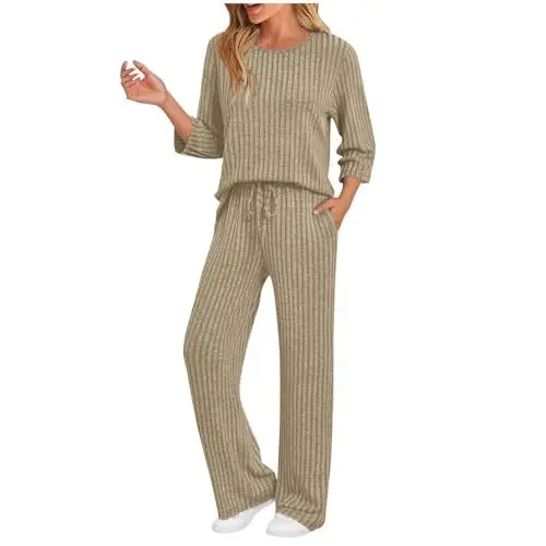 Produktbild: Generisch Hausanzug Damen Loungewear Set Elegant Zweiteiler 3/4 Arm Pullover und Hose Kuschel Schlafanzug Lang Freizeitanzug Bequeme Lounge Pyjama Frauen 2025 Outfit 2 Teiler Homewear Beige L