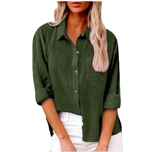 Produktbild: Generisch Hemdbluse Damen Sommer,Leinenjacke Damen Sommer Langarm Tunika Damen Casual V-Ausschnitt Roll Up Ärmel Button Down Blusen Tops （Grün，XL）