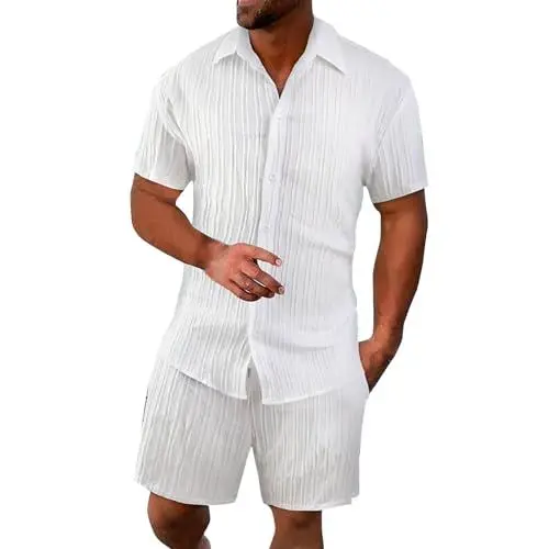 Produktbild: Generisch Herren-Atmungsaktiver Zweiteiler mit faltigem Hemd und Shorts-Set, strukturierter Herren-Strandanzug Anzug Paris Herren (White, M)