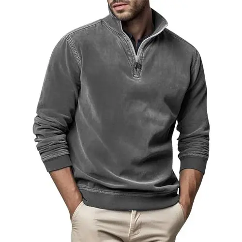 Produktbild: Generisch Reißverschluss Sweatshirt Herbst Herren Ohne Kapuze Pullover Rollkragen Longsleeve Fleece Arbeitskleidung Schwarzes Hemd Grau S